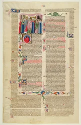 Marlay Cutting IT.7: Blatt mit Miniatur aus Gratians Decretum, das den Fall des Abtes zeigt, der zum Bischof gemacht wurde