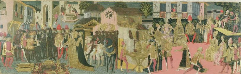 Hochzeitszeremonie, gemalt auf Cassone-Panel, Florentiner Schule, ca.1430
