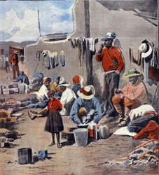 Mexikanische Revolution: Flüchtlingsfamilien fliehen vor dem Vormarsch der Rebellen Illustration von Minardi in „L