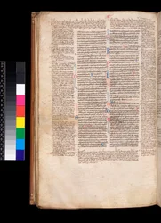 Ms 213. Gregor IX., Decretales mit Apparat von Bernardo Botone von Parma, F.93v. Haupttext in gotischer Buchschrift (littera rotunda)
