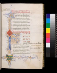 Ms 329. Statius, Thebais, f.19r. Illuminierte Initiale [F] in Blau mit reservierter Dekoration für den Incipit und kleinere Initiale [A] in Gold für das Argumentum, und komplizierte kontrastierende Federverzierungen in Gold und Blau, die sich zu einer L-fö