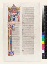 Ms 331 fol.1r Textseite mit einer historisierten Initiale P und einer Miniatur, die einen thronenden Kardinal darstellt, aus Buch V der Dekretalen von Gregor IX., aus Bologna, ca. 1350
