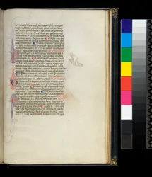 Ms 373. Pseudo-Cicero, Rhetorica ad Herennium und andere Werke, f.50r. Initialen mit Federverzierung und eine Federarbeit-Dekoration im Rand, die einen knienden barfüßigen Mönch darstellt, ca. 1337