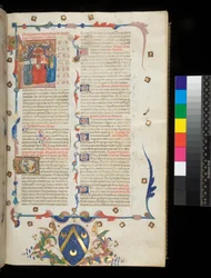 Ms 390. Seneca der Jüngere, Opera, und Seneca der Ältere, Excerpta controversiarum, f.1r. Incipit-Seite mit historisierter Initiale [L] mit Jerome, St. Paul und Seneca, Veneto