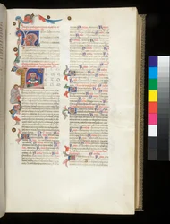 Ms 390. Seneca der Jüngere, Opera, und Seneca der Ältere, Excerpta controversiarum, f.95r. Initiale [L] mit Porträt von Seneca, der auf das Rad des Schicksals und eine niedergeschlagene männliche Figur zeigt