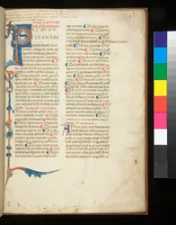 Ms 398. Vegetius, Epitoma rei militaris, f.1r. Verzierte Initiale [P], die sich zu einem Teilrahmen aus Stäben und Akanthus ausdehnt, Padua?, spätes 13. Jahrhundert (Pergament)