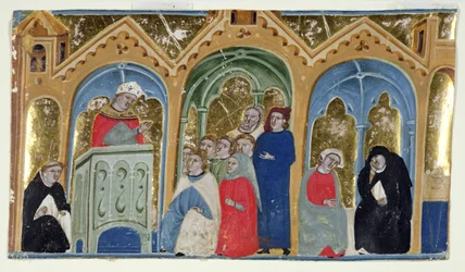 Ms. 400-2000: Miniatur aus Gratians Decretum, die einen Bischof zeigt, der einer Gemeinde predigt, ca. 1325-30