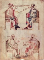Hippokrates und Hunayn ibn Ishaq und Hippokrates und Claudius Galenus, aus De Herbis von Manfredus de Monte Imperiali
