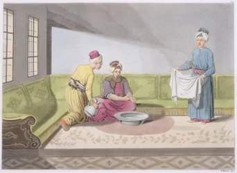 Muslim bei seinen Waschungen, Tafel 34 aus Teil III, Band I der Geschichte der Nationen, graviert von V. Raineri