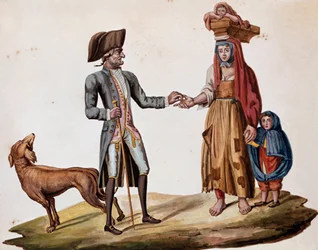 Alte neapolitanische Gewerbe: Ein Adliger gibt einem Palmiscian eine Münze - (Alte neapolitanische Gewerbe: Ein reicher Mann gibt einem armen Geschichtenerzähler Geld), 19. Jahrhundert - Neapel, Museo Nazionale di San Martino