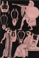 Pfeifen, Leiern und andere Musikinstrumente im antiken Griechenland - Antikes griechisches Musikinstrument - Gravur aus „Usi e Costumi di Tutti i Popoli dell
