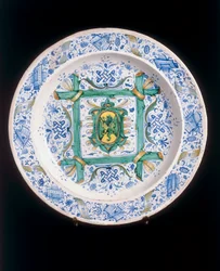 Teller mit dem aufsteigenden Löwen, Cafaggiolo-Manufaktur