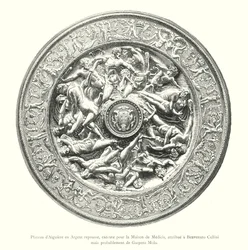 Silbernes Wasserkrugtablett, gefertigt für das Haus Medici, zugeschrieben Benvenuto Cellini, aber wahrscheinlich von Gaspero Mola (Gravur)