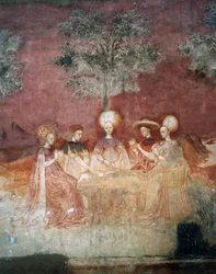 Spiel mit Tarotkarten, Szene aus dem Spiele-Zyklus, ca. 1445-1450, Fresko, Palazzo Borromeo, Mailand, Lombardei, Italien