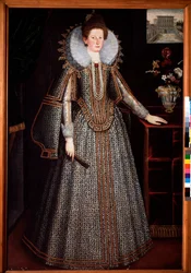 Porträt einer Dame des florentinischen Adels mit einer Darstellung des Pitti-Palastes im Hintergrund