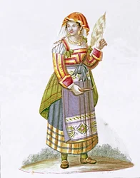 Porträt einer jungen Frau aus Pietracanale in der Region Abruzzen in traditioneller Tracht, Italien. 19. Jahrhundert. Museo Nazionale di San Martino, Neapel