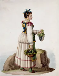 Porträt einer jungen Frau aus Capri in traditioneller Tracht mit Weintrauben - (Altes Gewerbe: junge Frau aus Capri mit Weintrauben), 19. Jahrhundert, Museo Nazionale di San Martino, Neapel