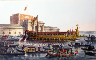 Darstellung des Bucentaur. (Bucentoro) Am Himmelfahrtstag überquerte der Doge die Lagune von Venedig, um die Mündung des offenen Meeres an Bord eines Schiffes namens Bucentaur zu erreichen
