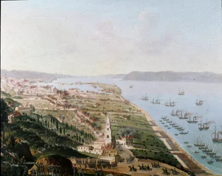 Risorgimento: Die bourbonischen Armeen Ferdinands II. beider Sizilien in Messina, Sizilien, im August 1848 bei der Rückeroberung Siziliens nach den Aufständen. Anonymes Gemälde. Museo Nazionale di San Martino, Neapel