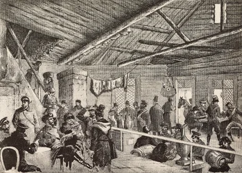 Russische Soldaten in einer Taverne nahe den Befestigungen von Warschau, Polen, Gravur nach Skizze von Fritzmann, aus L