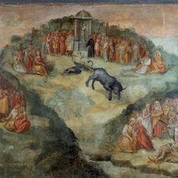 Heiliger Hippolytus wirft das von Pontifex Battistellus gegebene Rauchfass, um Jupiter zu opfern (Detail)