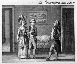 Szene 5 des 1. Akts des Stücks "La locandiera" (1753) von Carlo Goldoni (1707-1793). Gravur aus dem 18. Jahrhundert
