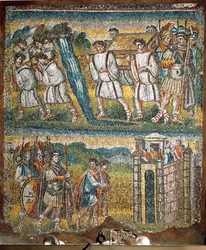 Szenen aus dem Buch Josua: Die Bundeslade wird von sieben Priestern über den Jordan getragen, Josua schickt zwei Spione nach Jericho