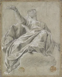 Sitzende weibliche Figur auf einer Wolke, nach oben blickend