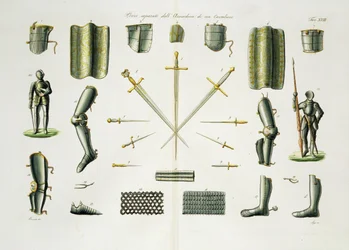 Rüstungsteile eines Ritters, Tafel 18 aus Die Geschichte der Nationen, graviert von G. Lago
