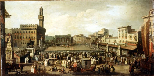 Schauspiel auf der Piazza della Signoria in Florenz. Öl auf Leinwand