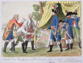 Unterzeichnung des Vertrags von Campo Formio zwischen Frankreich (vertreten durch Bonaparte) und Österreich (vertreten durch Cobenzl) im Jahr 1797