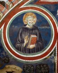 St. Benedikt, Fresko des Zweiten Mitarbeiters von Consolo oder Magister Consolus, Unterkirche des Klosters der Heiligen Höhle, Subiaco, Italien