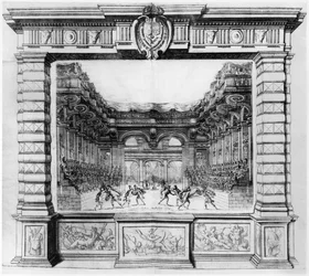 Bühnenbild von Giacomo Torelli (1608-78) für la Finta Pazza, aufgeführt 1645 im Theatre Petit Bourbon in Paris, 1654