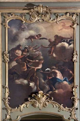 Der Rat der Götter: Zeus auf dem Olymp umgeben von Gottheiten. Malerei der italienischen Schule (18. Jahrhundert)