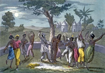 Der Tanz des Mombo-Jombo, nach den Reisen von Mungo Park, aus A History of Costume von J. Ferrario, veröffentlicht ca. 1820