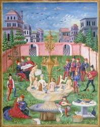 Der Brunnen des Lebens: Sänger und Musiker in einem Garten, Miniatur aus De Sphaera, von Leonardo Dati