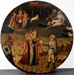 Das Urteil des Paris. Der Hirte Paris muss entscheiden, welcher der drei Göttinnen, Athene, Aphrodite oder Hera, er den goldenen Apfel als der Schönsten geben wird. Gemälde der italienischen Schule des 15. Jahrhunderts, Florenz, Museo Nazionale del