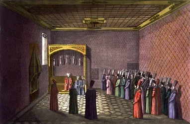 Der Thronsaal des Sultans, Tafel 29 aus Teil III, Band I von „Die Geschichte der Nationen“, gestochen von Giacomo Bussi