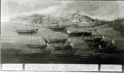 Die venezianische Flotte unter der Führung von Kapitän Ivanovich da Dabrota gegen türkische Piraten bei Durazzo, 1756