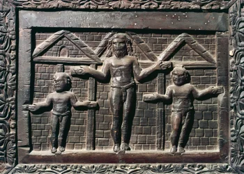 Die Kreuzigung Christi, Fliese vom Haupteingang aus Zypressenholz, Basilika Santa Sabina, Rom, Latium, Italien, 5. Jahrhundert