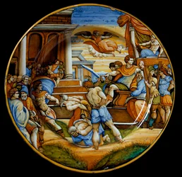 Das Martyrium der Brüder Johannes und Paulus unter der Herrschaft Kaiser Julians des Abtrünnigen (Flavius Claudius Julianus, 331-363), hergestellt in Urbino, Italien. Um 1540, Florenz, Museo Nazionale del Bargello