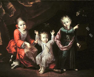 Drei Kinder in einem Innenraum, umgeben von ihren Haustieren, ca. 1680