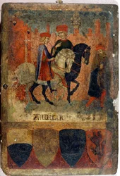 Zwei Steuerprüfer. Biccherna (Einband des Rechnungsbuchs der Stadt Siena). Staatsarchiv - Museo delle Tavolette di Biccherna, Siena. Spätes 14. bis frühes 15. Jahrhundert.