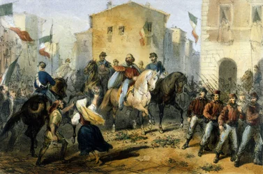 Einheit Italiens: die Expedition der Tausend oder Rothemden unter der Führung von Giuseppe Garibaldi (1807-1882). Ankunft in Messina auf Sizilien. Zeichnung Ende des 19. Jahrhunderts
