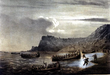 Einheit Italiens: Expedition der Tausend oder Rothemden unter der Führung von Giuseppe Garibaldi (1807-1882). Die Abfahrt der ersten Flotte der Garibaldianer nach Kalabrien bei Fort Stella. Lithographie aus dem 19. Jahrhundert