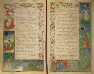 Verse und Randillustrationen, wie man den Teufel beschwört