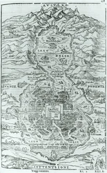 Ansicht von Norden der aztekischen Stadt Tenochtitlan, aus Relatione della Citta del Temistitan von Giovanni Battista Ramusio (1485-1557), veröffentlicht in Venedig 1606