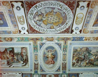 Ansicht der Sala dei Fasti Farnese (Halle der Herrlichkeiten der Farnese) entworfen von Onofrio Panvinio und freskiert von Taddeo (1529-66) und Federico Zuccaro (1540-1609) 1557-83 (Detail)