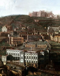 Ansicht des alten Gerichtsgebäudes, das in einen Palast mit hängenden Gärten in Neapel umgewandelt wurde, anonym, 18. Jahrhundert, Neapel, Museo Nazionale di San Martino