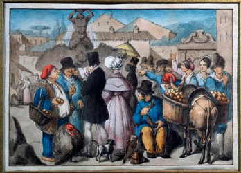Spaziergangsszene in Rom. Aquarell, 19. Jahrhundert